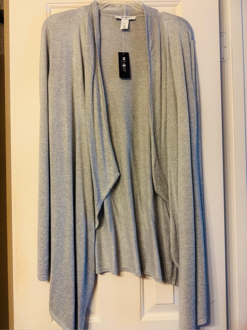 White House Black Market Metallic Grey Open Drape Cardigan